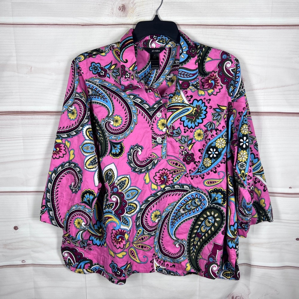 Ali Miles Tunic Top Womens 2X Pink Paisley Henley 3/4 Sleeve Cotton Blouse Artsy